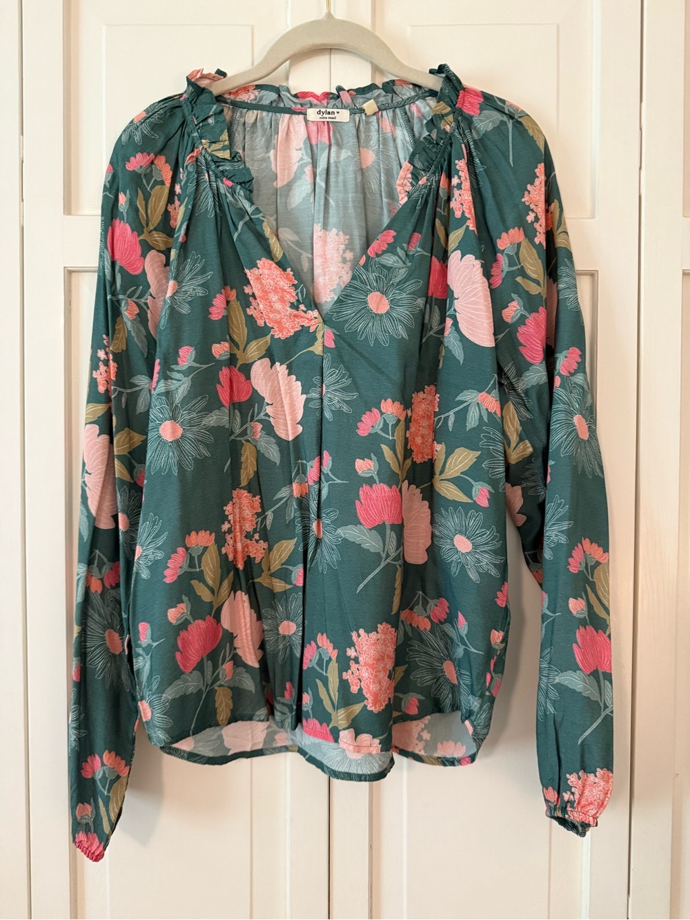 dylan Teal Floral V-Neck Peasant Blouse